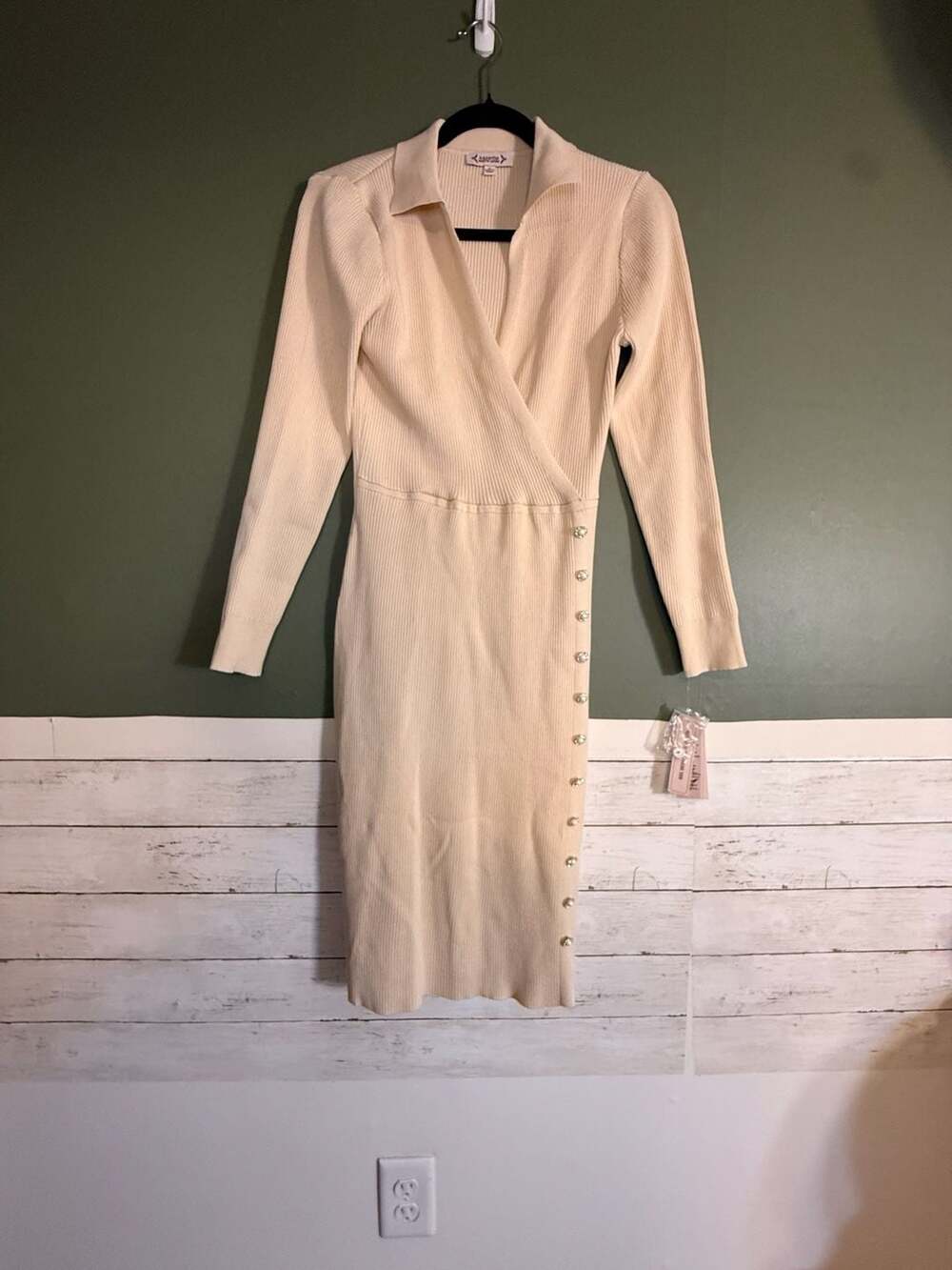 Nanette Lepore Light Tan Ribbed Knit Wrap Midi Dress Pearl Buttons NWT